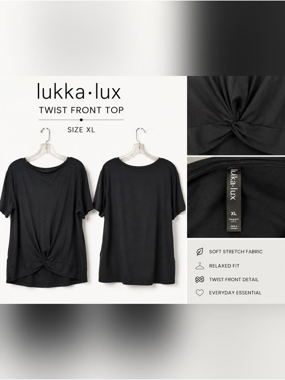 Lukka Lux Navy Twist Front Top Short Sleeve Stretch Knit Minimalist XL